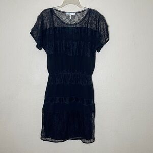 Sandro Black W/ Lace Elastic Waist Silk Short Sleeve Mini Dress Size 1 U…